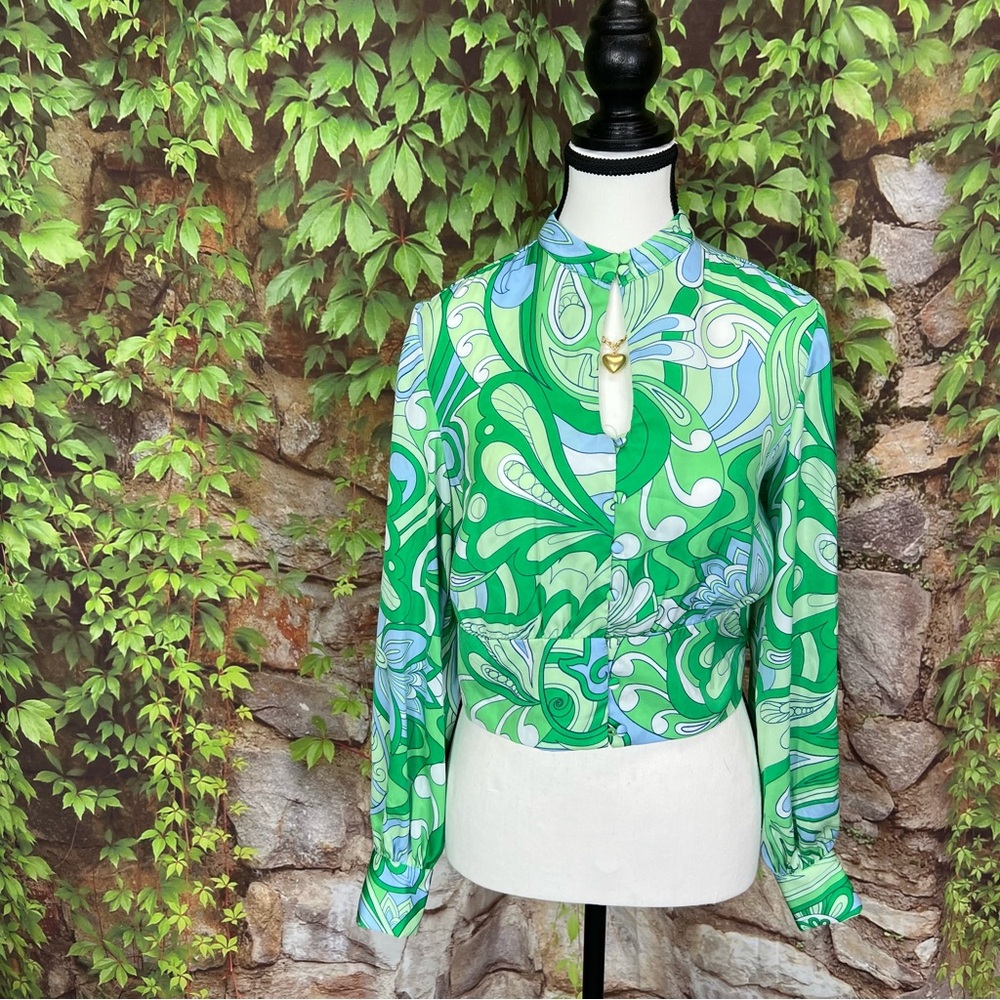 MOHITO Mod 60sStyle Green and Blue Cropped Swirl Blouse, 36/Small/4-6 - Picture 4 of 14